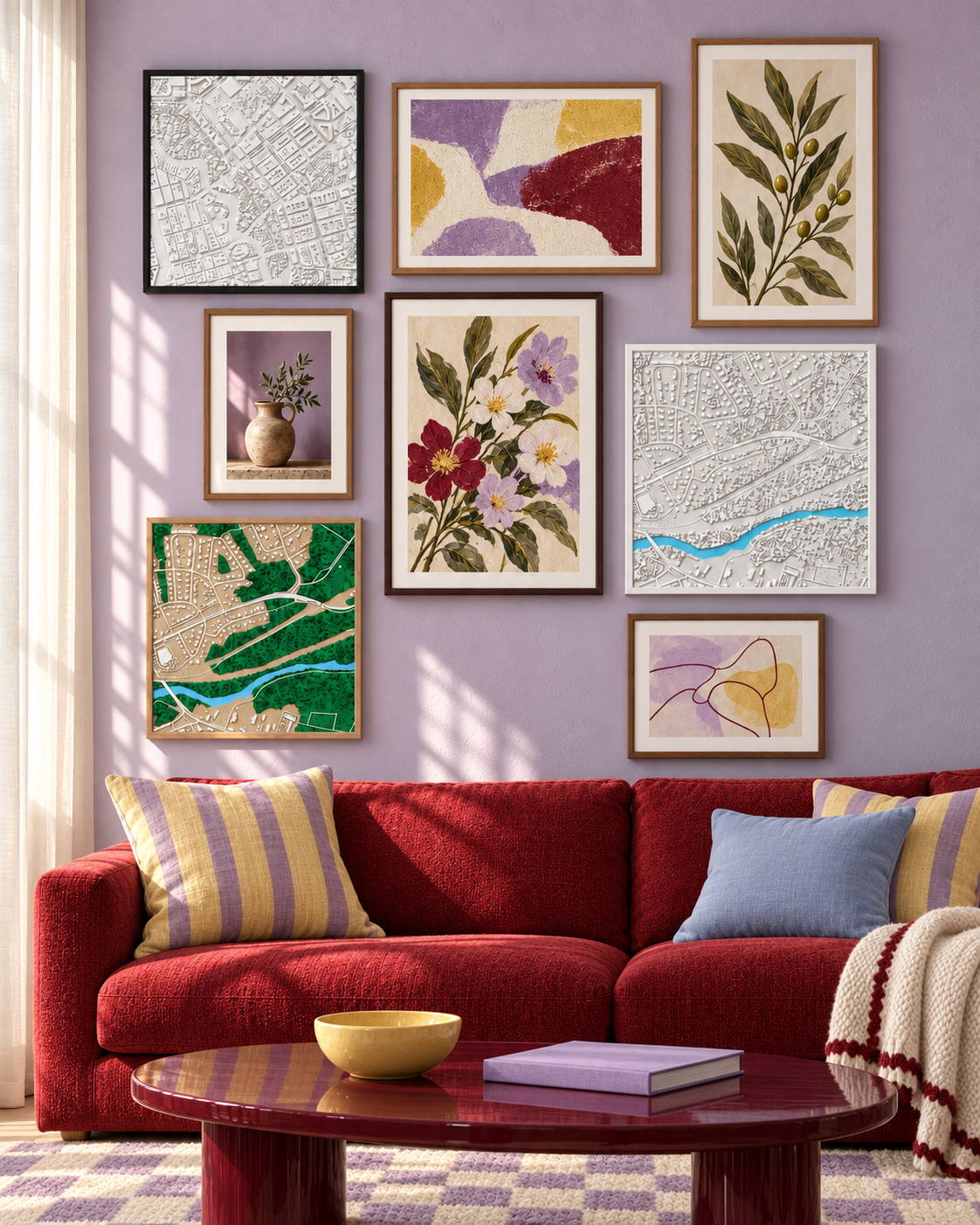 Framed 3D maps styled on a gallery wall