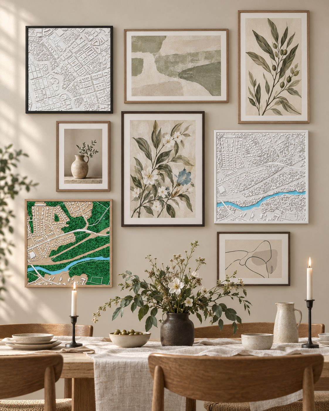 
Dear Place maps on a gallery wall above a dining table