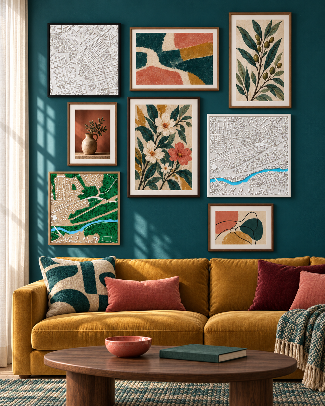 Dear Place maps on a teal gallery wall above a mustard sofa
